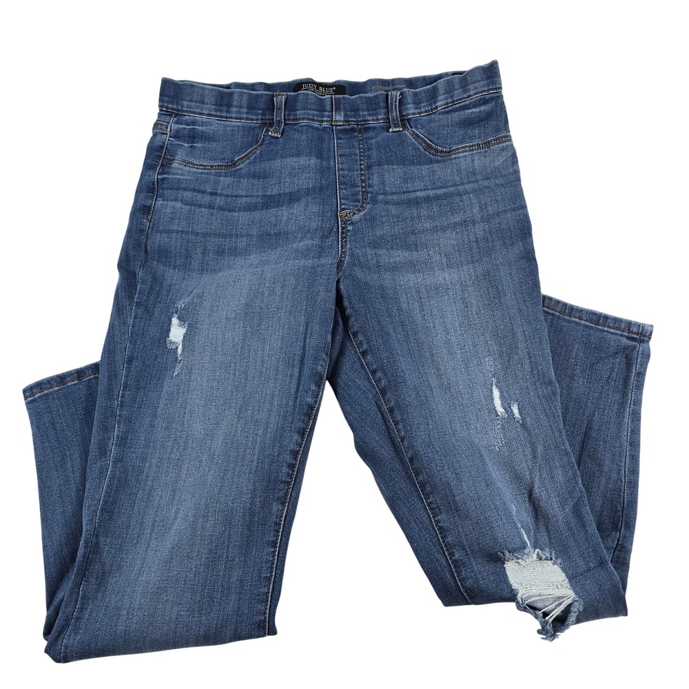 Judy Blue Distressed Pull On Skinny Jeans Dark Wash Raw Hem JB88369 DK 15/32